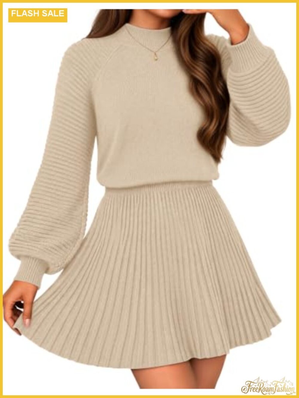 Long Sleeve Knit Two-Piece Sweater Skirt Set Pleated Mini A-Line